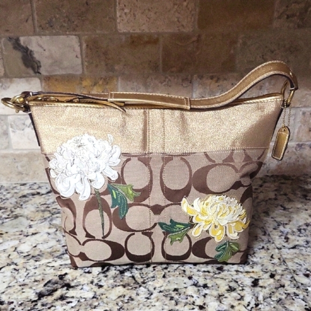 Coach Signature Chrysanthemum Applique Gold Bag